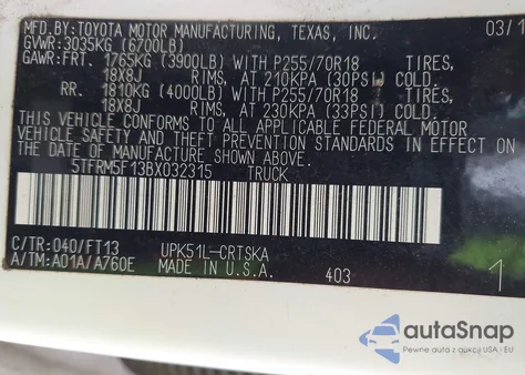 2011 Toyota Tundra Grade 4.6L V8 из США, поврежденный, VIN 5TFRM5F13BX032315